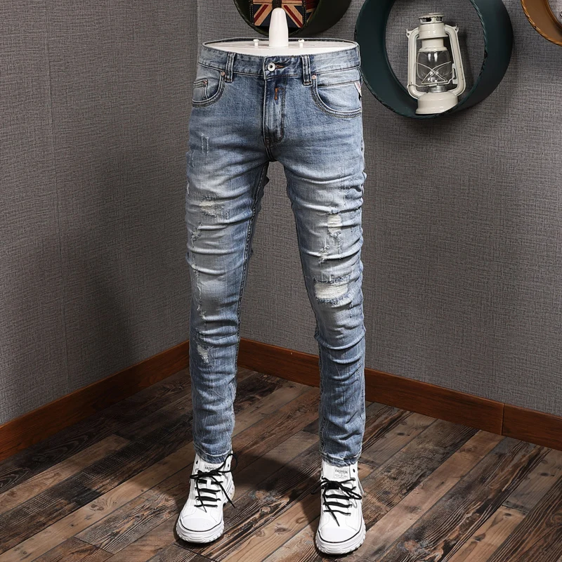 

Italian Style Fashion Men Jeans High Quality Elastic Slim Fit Destroyed Ripped Jeans Patchwork Vintage Designer Hip Hop Pants