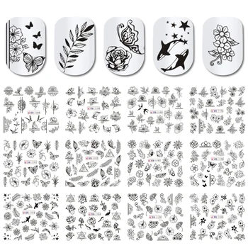 

12pcs Black Floral Butterfly Water Nail Stickers Hollow Design Nail Art Decal Water Transfer Slider Decor Manicure JIBN1189-1200