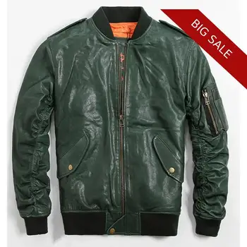 

2020 Men Green Military Pilot Leather Jacket Large Size XXXXXXL Genuine Sheepskin American USAF Aviator Leather Coat