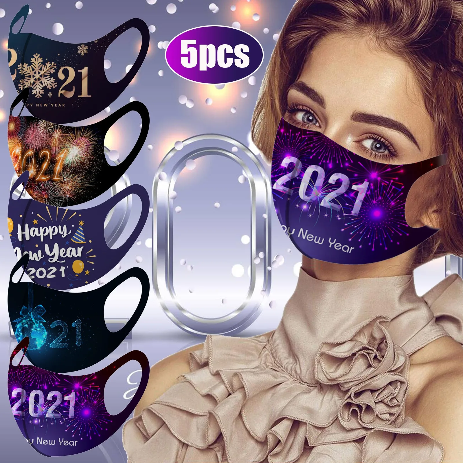 mask for face women christmas 5PCS Adult 2021 New Year Print Washable Reusable Mouth Face Windproof Mask | Красота и здоровье