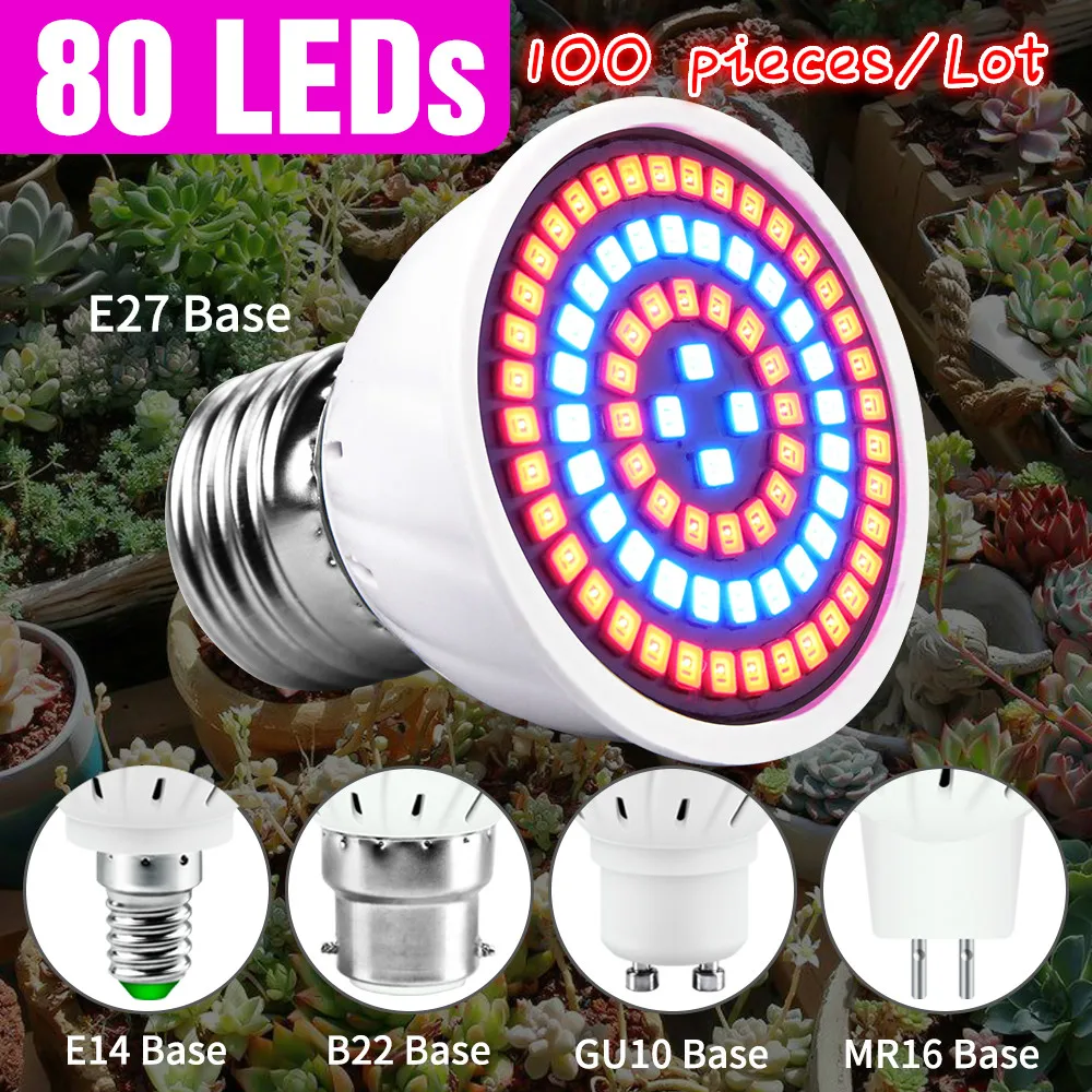 

100pieces 80LEDS E27 Full Spectrum Led Grow Light Flower Seedling Hydroponics Lamp GU10 Plant Bulb Led Lighting MR16 Lamp 220V