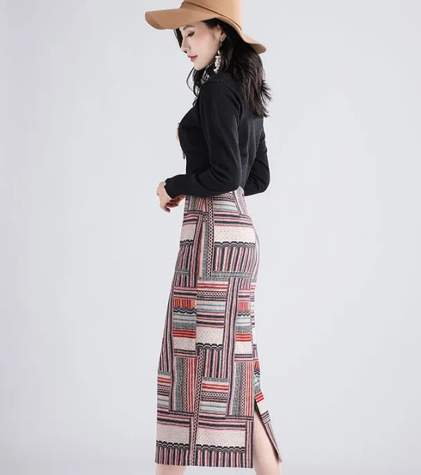Винтажные шерстяные юбки в этническом стиле, женская сексуальная узкая длинная юбка с высокой талией, на невидимой молнии, с разрезом, с принтом, для осени, DS50916 - Цвет: show as picture