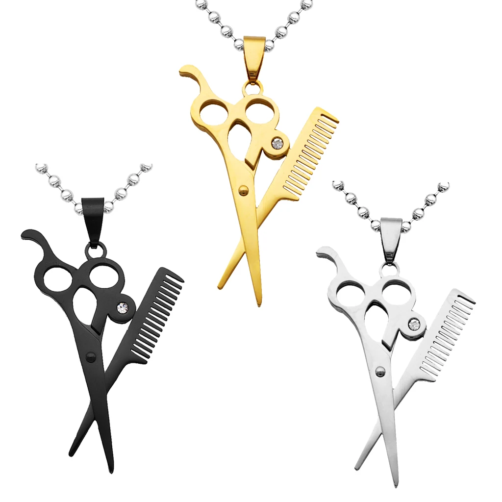 Hair Stylist Scissors and Comb Crystal Charm Stainless Steel Pendant Necklace 19.6 inch Chain