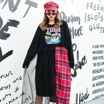 

Thai street fashion cartoon heavy work sequins irregular stitching in the long section fashion long-sleeved dress female autumn