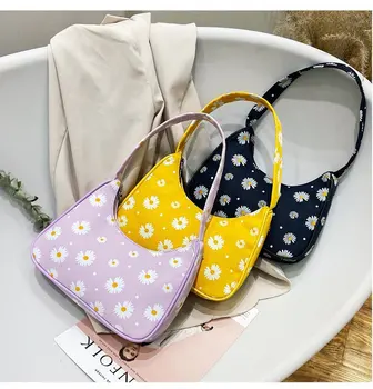 

Classic Texture Fashion Flower Daisy Women Handbag Portable Creative Design Chic Nylon Underarm Shoulder Tote Baguette Bags