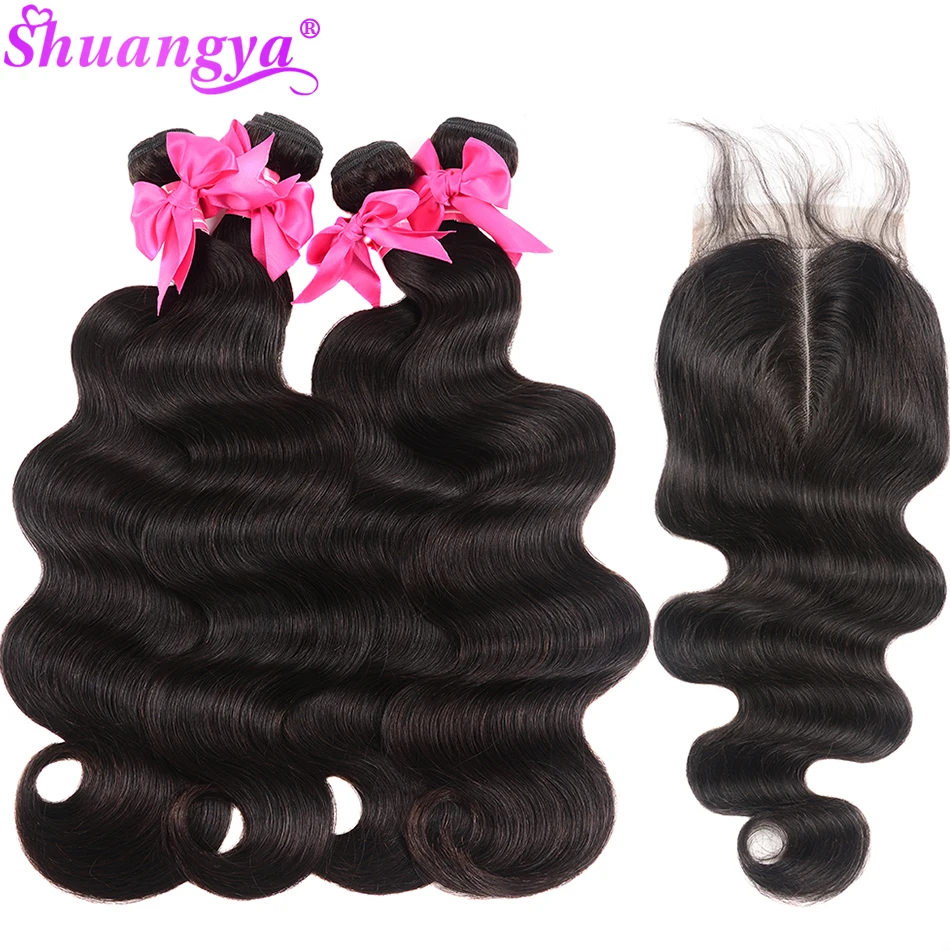 Frontal com Pacotes Onda do Corpo Pacotes com Frontal Humano com Fechamento Transparente Laço Peruano Remy Cabelo Shuangya 100% 7 Pacotes com 34 com fecho