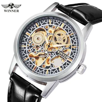 

T-WINNER Fashion Men Automatic Mechanical Wrist Watch Leather Band Unique Pattern Skeleton Dial Design Relojes hombre + GIFT BOX