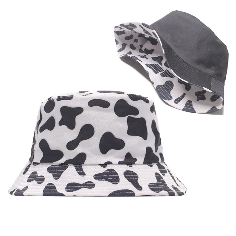 

Fisvds New Reversible Bucket Hats Panama Women Fashion Black White Cow Pattern Fisherman Hat Summer Sun Hats