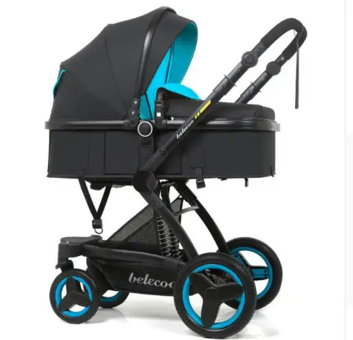 Blue black Belecoo Роскошная многофункциональная детская коляска 2 в 1, коляска с высоким пейзажем, люкс для лежа и сидения с 5 подарками - Цвет: Blue black