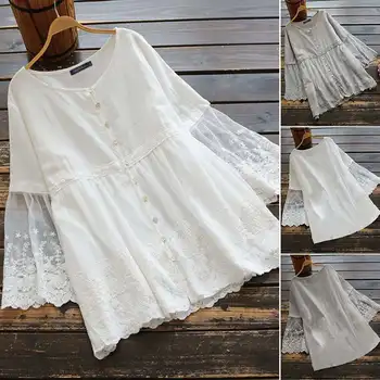 

Elegant Lace Patchwork Blouse Women's Summer Shirts 2020 ZANZEA Casual Button Blusas Female Long Sleeve Tops Plus Size Tunic