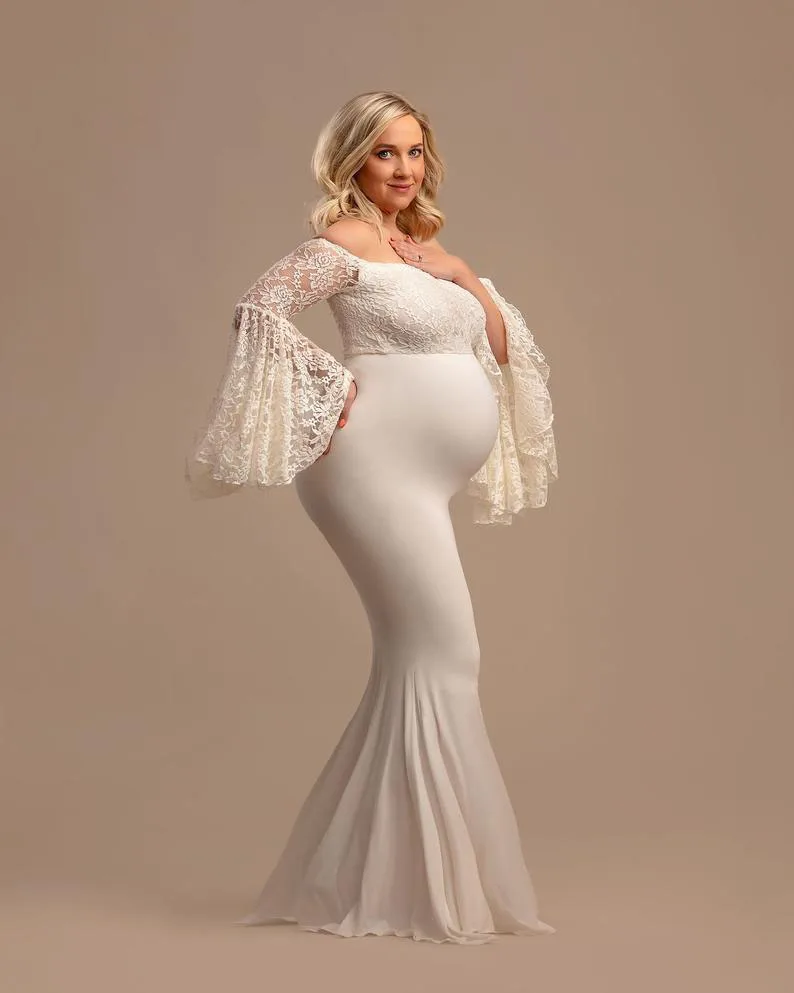 Lace Maternity Shoot Dress Ruffles Sleeve Long Pregnancy Photography Dresses Maxi Maternity Gown Photo Prop For Pregnant Women (3)