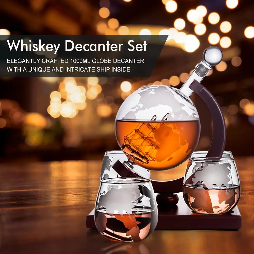 

Whiskey Decanter Set Vodka Globe Decanter With 4 Glasses Kitchen Bar Liquor Dispenser With Wood Stand For Bourbon 1000ML