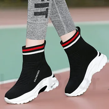 

Womens Knitted Sock Platform Hidden Wedge Heel Ankle Boots Sport Casual Shoes Black High Top Korean Style C406