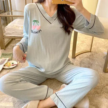 

Female Green 2PCS Pajama Set Sexy V-Neck Top&Pant Home Wear Cute Heart Autumn New Nightwear Cotton Long Sleeve Sleepwear