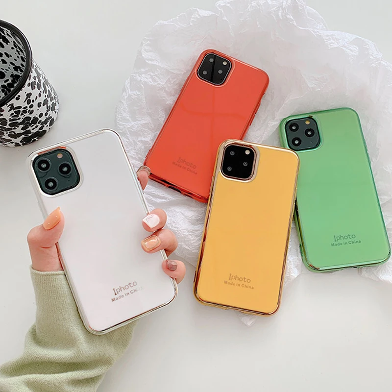 

Simple Gold Plating Cover for iPhone 11 Pro Max X XR XS Max 6s 7 8 Plus Case Jade Green Solid Color Mobile Phone TPU Soft Shell