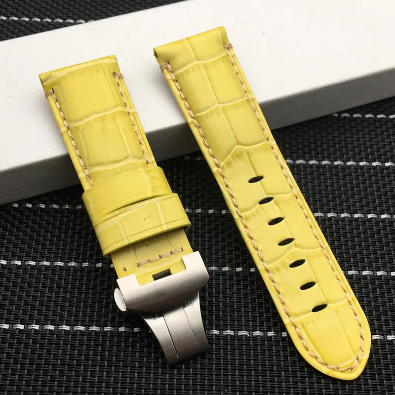 Yellow strap Высокое качество 24 мм настоящая Италия из натуральной бамбуковой кожи ремешок для часов с Бабочкой Пряжка Для Panerai ремешок инструменты - Цвет ремешка: Yellow strap