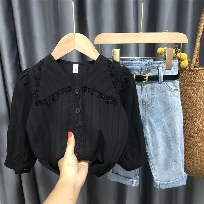 spring kids girls clothes suit children long sleeve shirt+high waist jeans+belt baby girl clothing set Girls lapel lace blouse