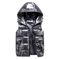 Mulheres inverno coletes com capuz novo curto brilhante cor colete algodão acolchoado jaqueta sem mangas feminino colete de inverno