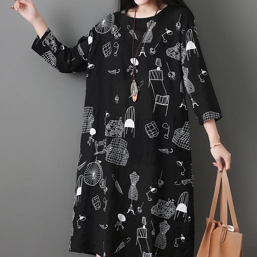 

Women's Literary O-Neck Dress Fashion Autumn Printing Long Sleeve Dress Warm Fancy Pleated Loose Brief Energetic Dress