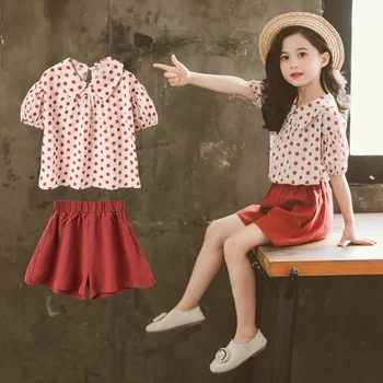 

Kids Girls Clothes Sets Summer Fashion Shirt Short T Shirt Cacual Polka Dot Slim Thin Cotton Tops Pants Outfits Clothing Set