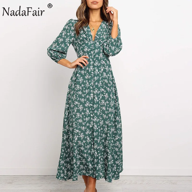

Nadafair Floral Print Boho Long Dress Sexy V Neck Buttons Open Stitch A-Line Casual Long Sleeve Midi Chiffon Dress Women