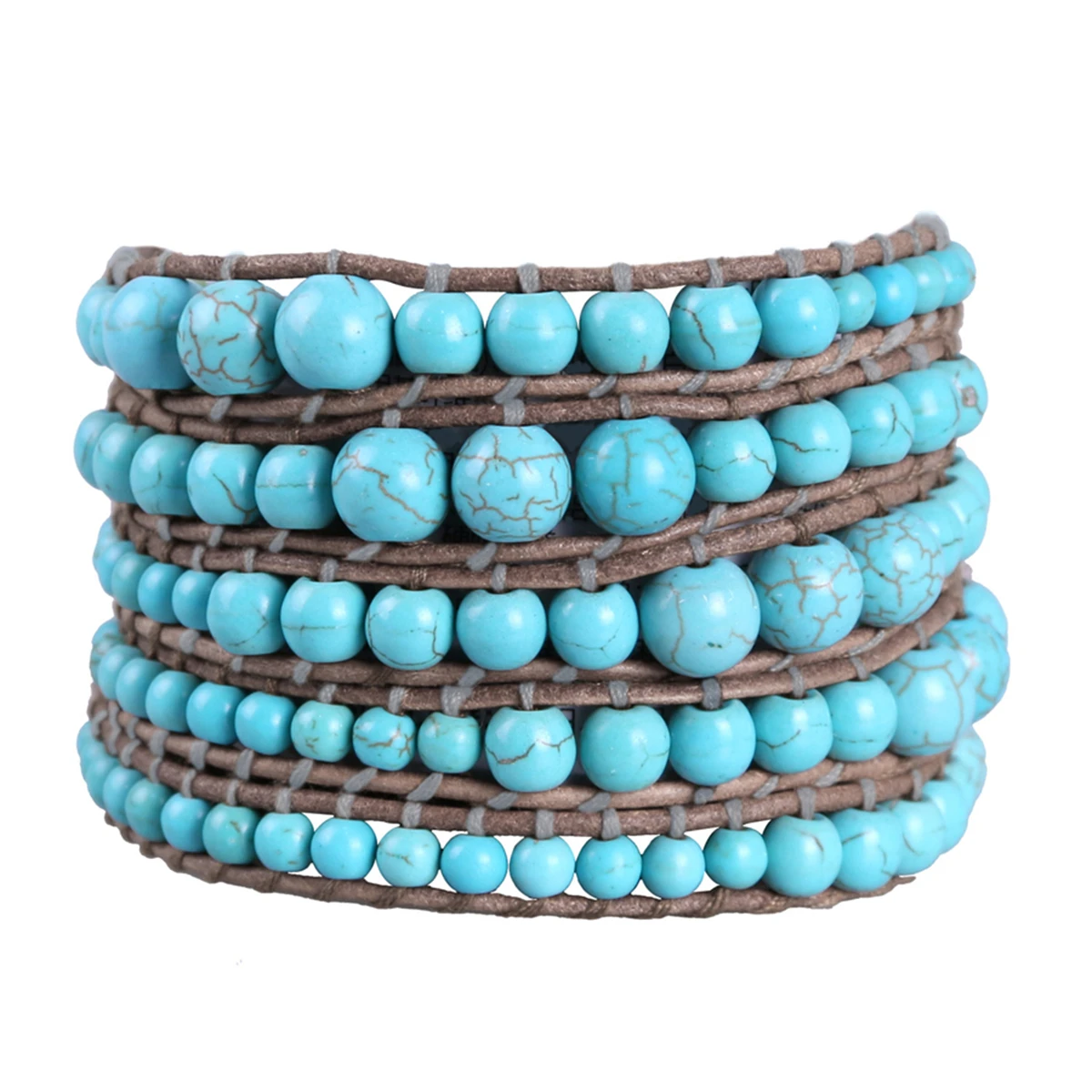 

KELITCH Leather Wrap Beaded Bracelet Boho Chic Handmade Green Stone Beaded Strand Cuff Bangles Jewelry On Leather Chain