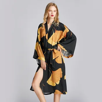 

Black Satin Kimono Gown Nightgown Spring New Print Robe Casual Sleepwear Nightdress Silky Intimate Lingerie Home Clothes