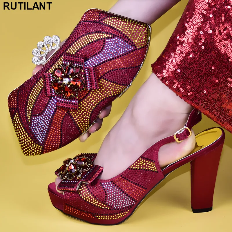 

High Quality Red Color African Designer Shoes and Bag Set To Match Italian Party Shoes with Matching Bags Set with Rhinestone