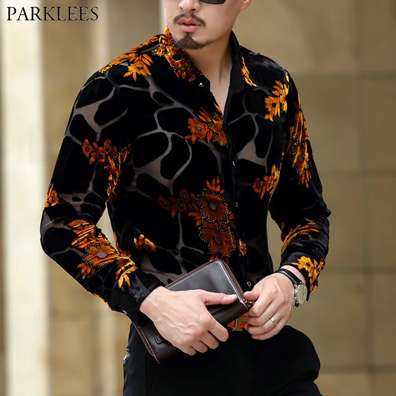Gold Floral Embroidery Men Lace Shirt 2023 Luxury Brand Mens Dress Shirt Transparent Sexy Male High Quality Shirt Camisa Social