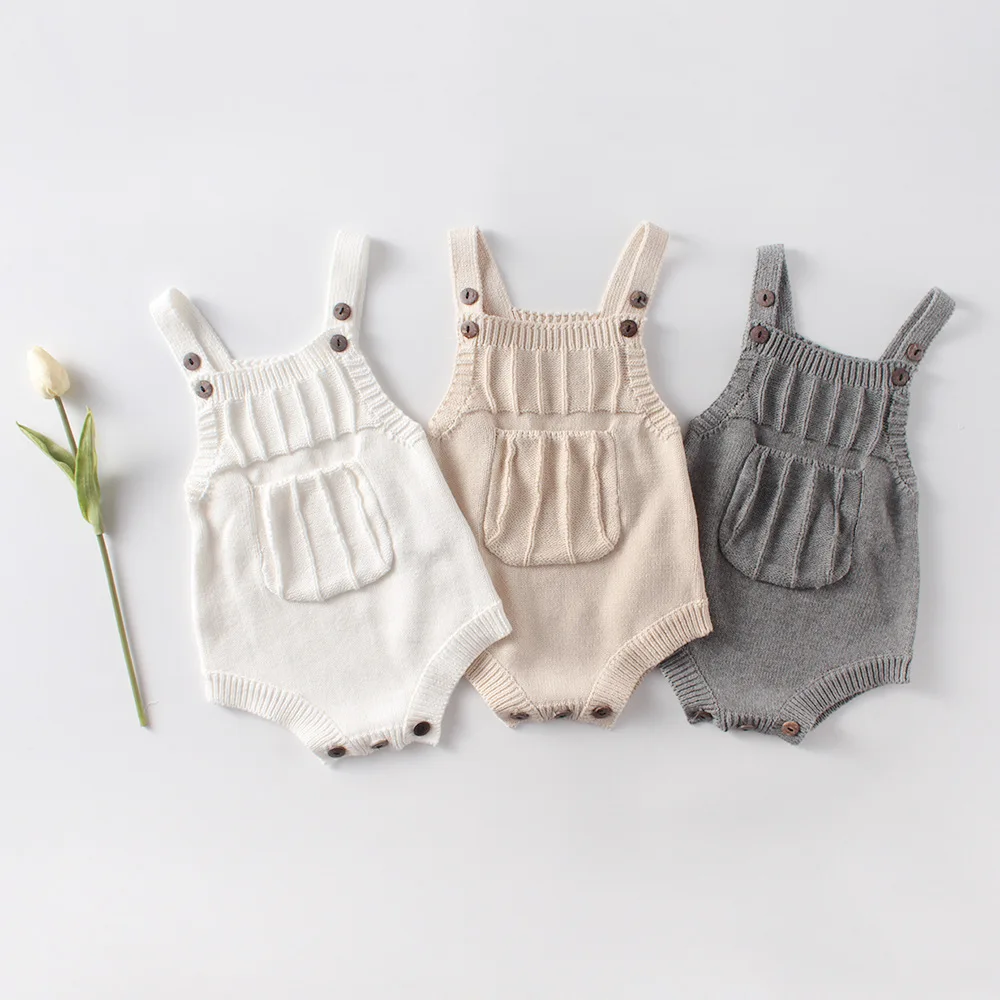 New Born Kids Crochet Pocket Knitted Sweater Rompers Spring Summer Lovely Child Toddler Candy Color Clothing |
