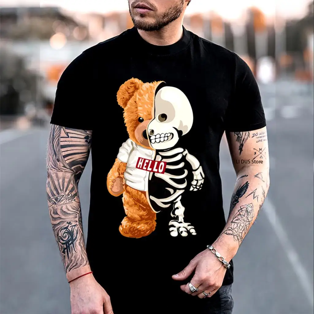 2021 New Funny Skull Teddy Bear T shirt Skeleton Bear Tshirt Casual Clothes Men Fashion Clothing Cotton T-Shirt Tee Top