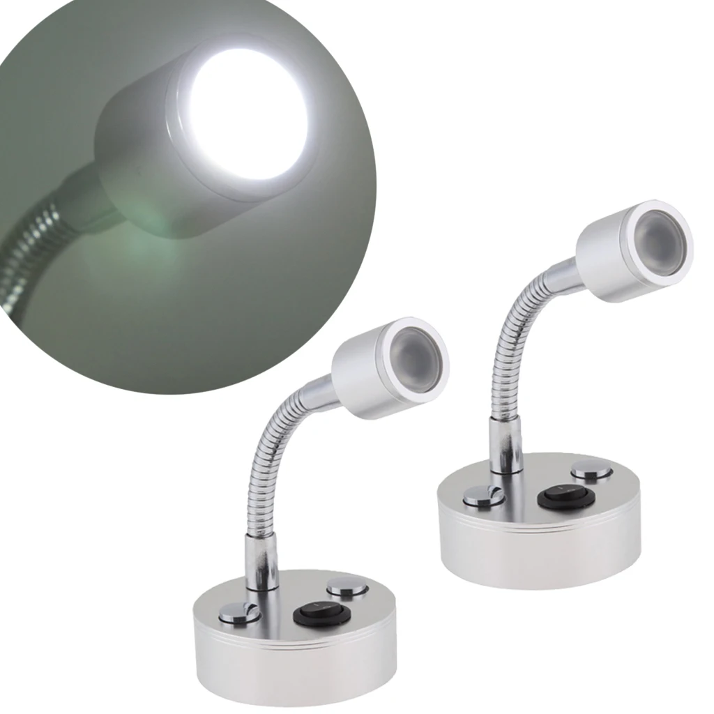 2x Boats RV Reading Lamp, LED Bed Lights Wall-Mounted Beside Lamps Wired Sconce Lamp, 12V / 1W, Gooseneck Length 10cm (Silver)