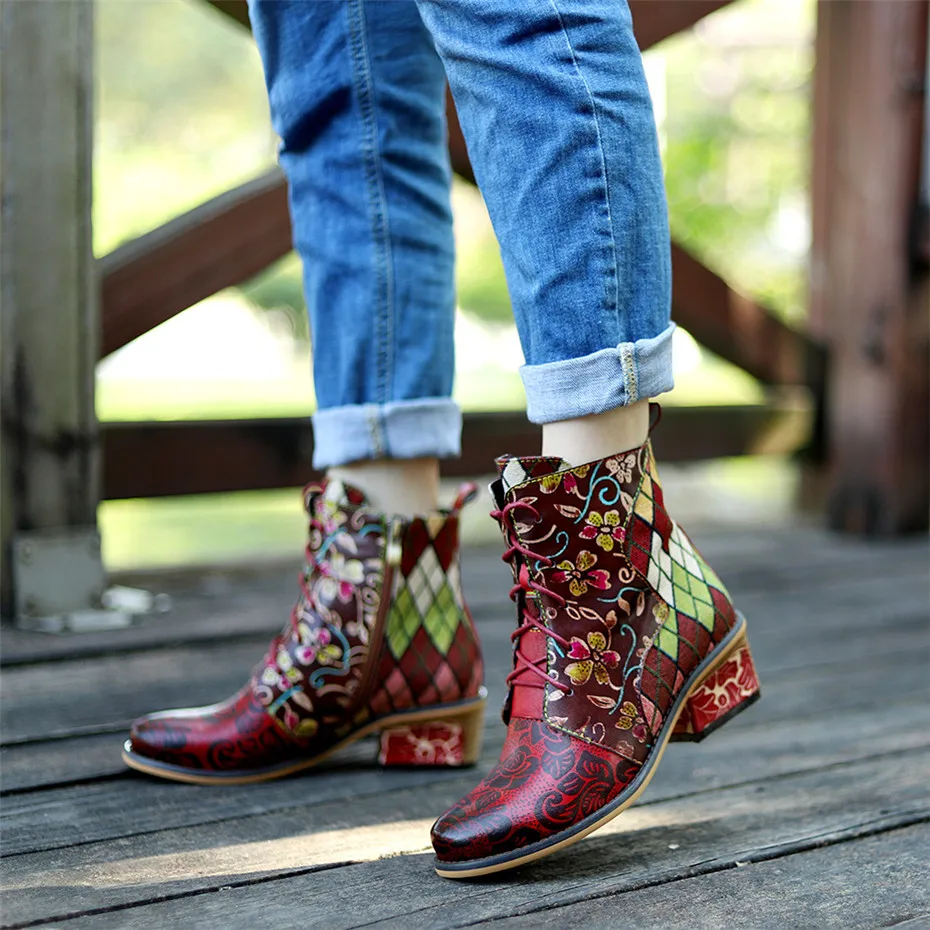 Women Boots Fashion Lace Up Ankle Boots Shoes For Woman Vintage Color Block Female Lady Thick High Heels Western Boots Handmade  (8)