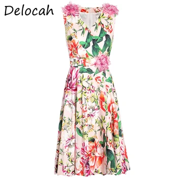 

Delocah Women Autumn Fashion Designer Party Midi Dress Sexy V-Neck 3D Appliques Floral Print Ladies A-Line Dresses vestidos 2020
