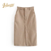 Sheflouses, Женская юбка в ломаную клетку, высокая талия, Ретро стиль, офисный костюм, юбка, облегающая, прямая, миди, юбка с карманами, Faldas, бежевая, SFB4b