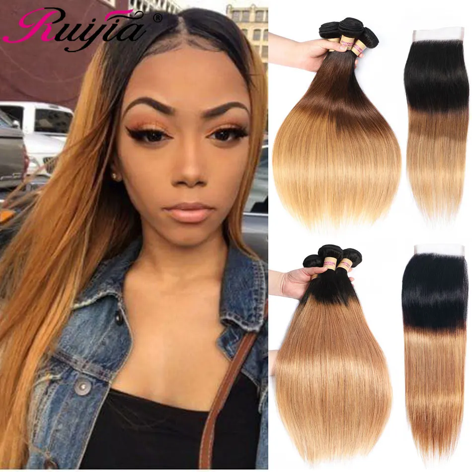 

Hondy Blonde Ombre Bundles with Closure Peruvian Hair Straight 3 Bundles with Closure Non Remy Human Hair Closure With Bundles