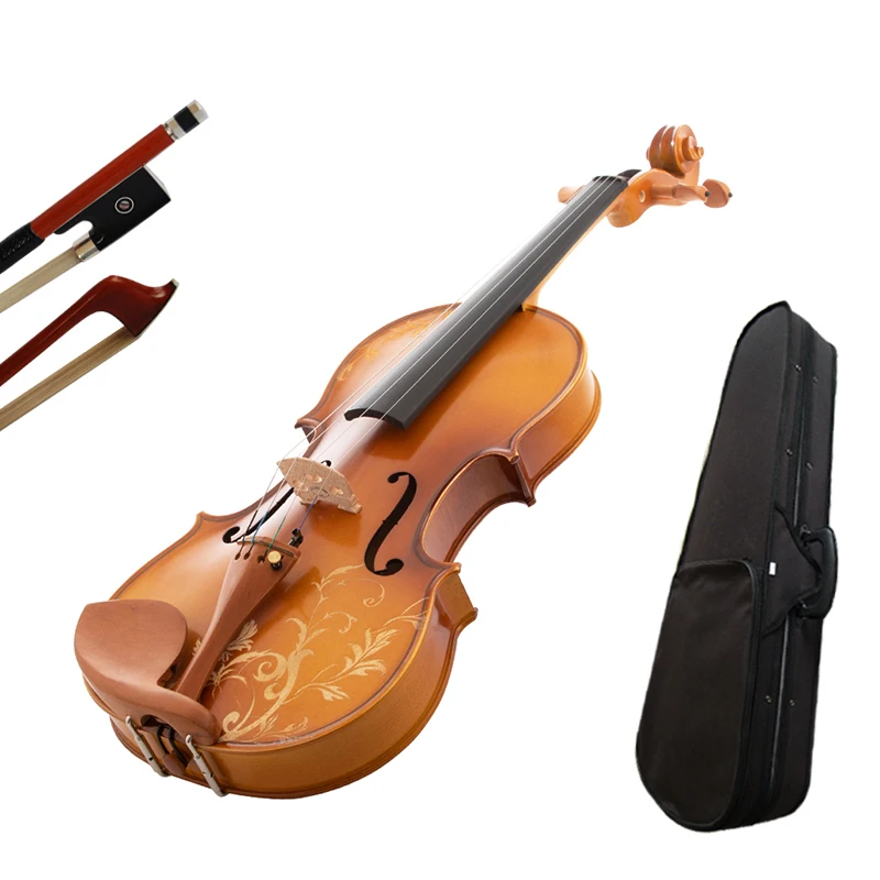 Kinglos 4/4 Full Size Carved Solid Wood Violin Kit Ebony Fittings with Shoulder Rest Case Bow Rosin Bridge Strings