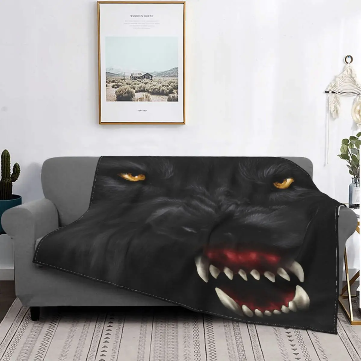 Wolf Black Blanket Flannel Summer Animal Face Multi function