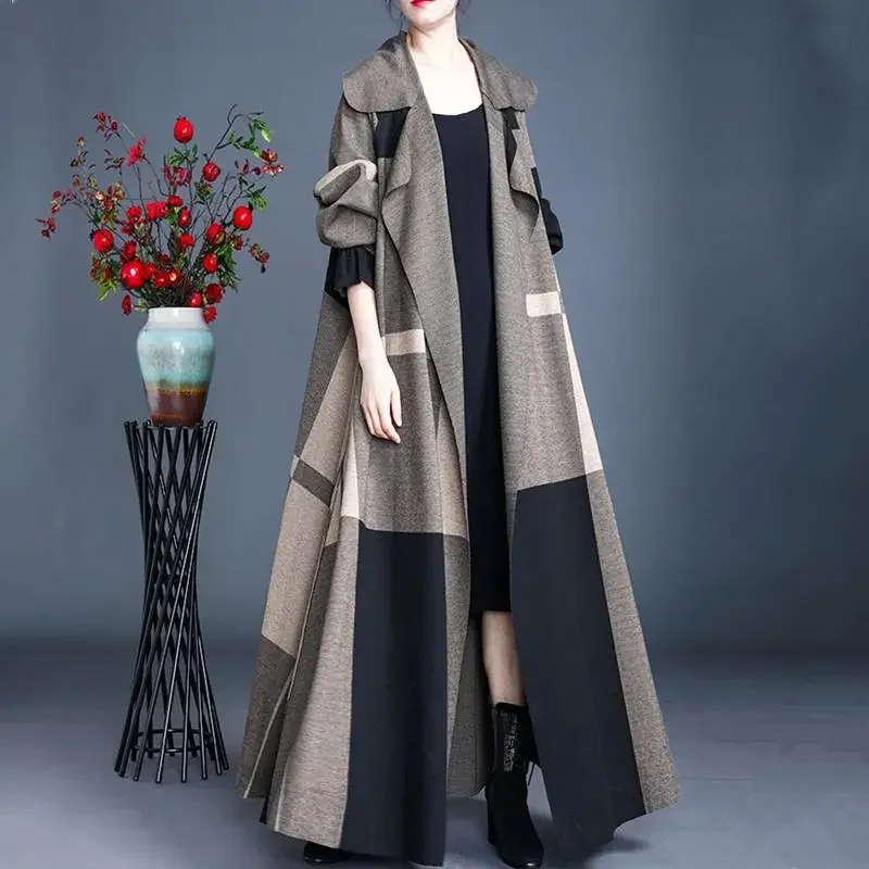

2024Spring Autumn Women Literary Retro Loose Plaid Jacket Temperament Over-The-Knee Long Windbreaker Lady Coat L239