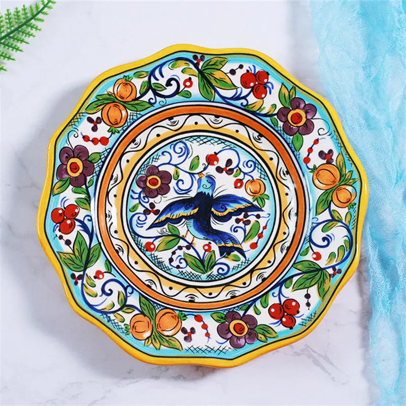 Ceramic Steak Plates Porcelain Dishes Kitchen Dinnerware Wedding Gifts Birthday Presents West Asian Style Flower & Bird 9 Inches