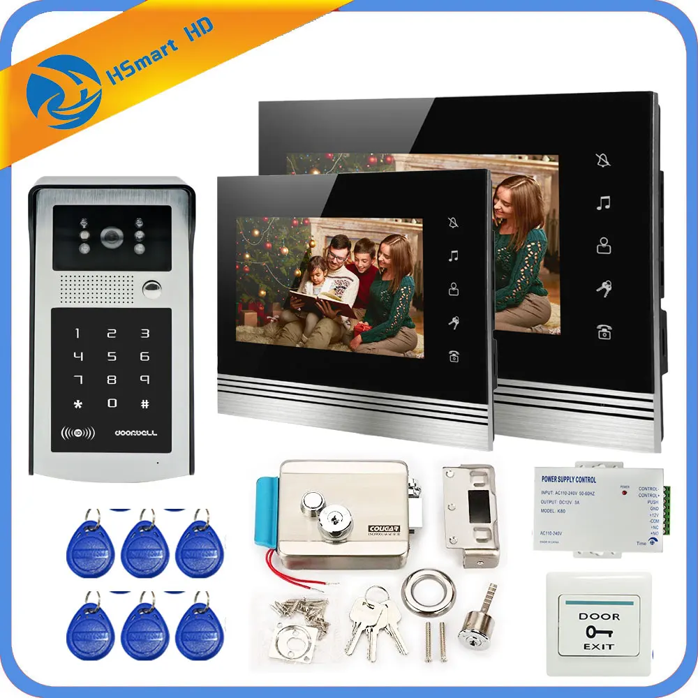 Visual Intercom Doorbell 7'' LCD Wired Video Door Phone System 2 Indoor Monitor HD Outdoor Camera Support RFID Password Unlock