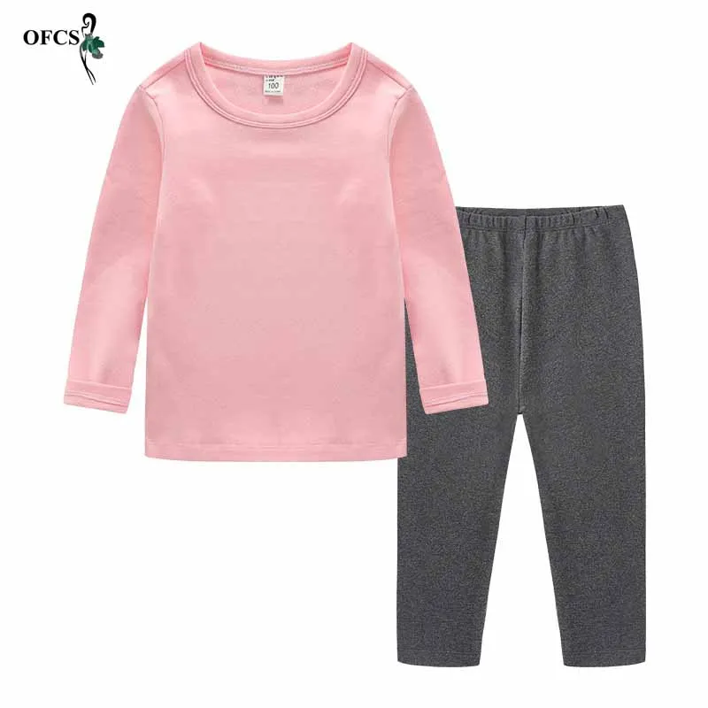 Autumn Children's Bottom Suit Boys Girls Clothes Long-sleeved T-shirt Cotton Set Candy Long-sleeved Trousers 2 Sets Nightwear - Цвет: Pink add Gray