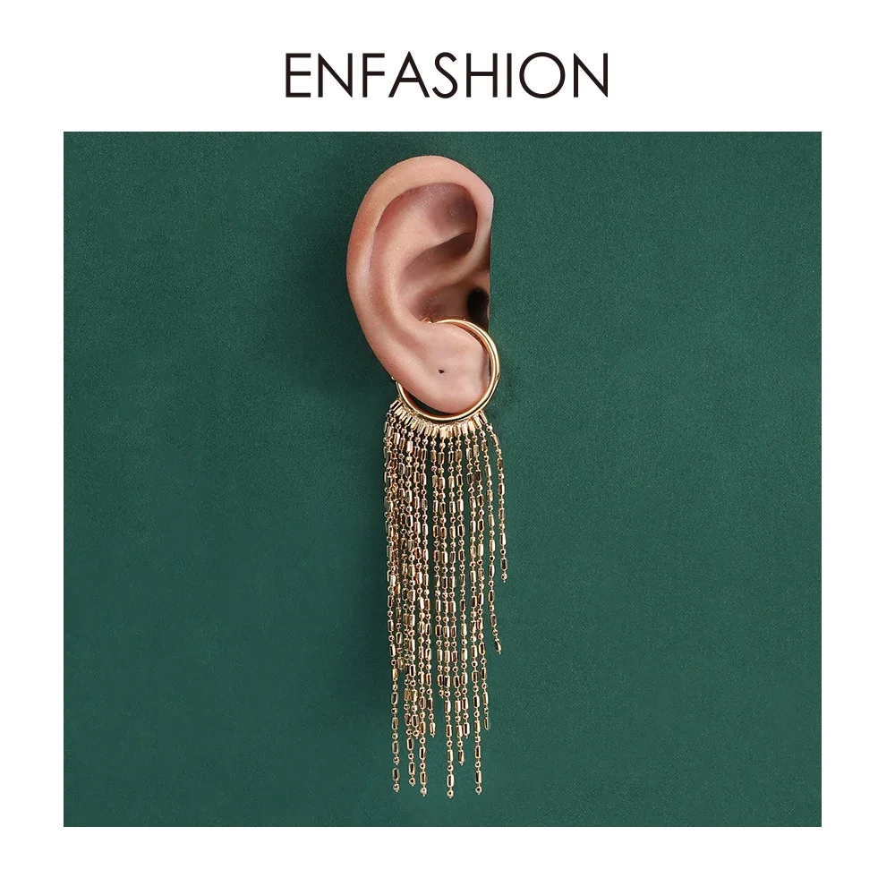 ENFASHION, С-образные длинные серьги-манжеты с кисточками, клипсы для женщин, золотые блестящие серьги в стиле панк без пирсинга, ювелирные изделия E191135