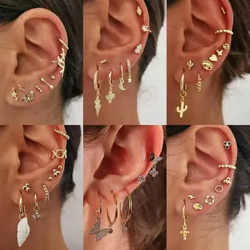 

2020 New Evil Eye Cactus Heart Moon Bee Map Lightning Insect Charm Mixed Gold Stud Earrings A Lot Huggie Hoop Earrings