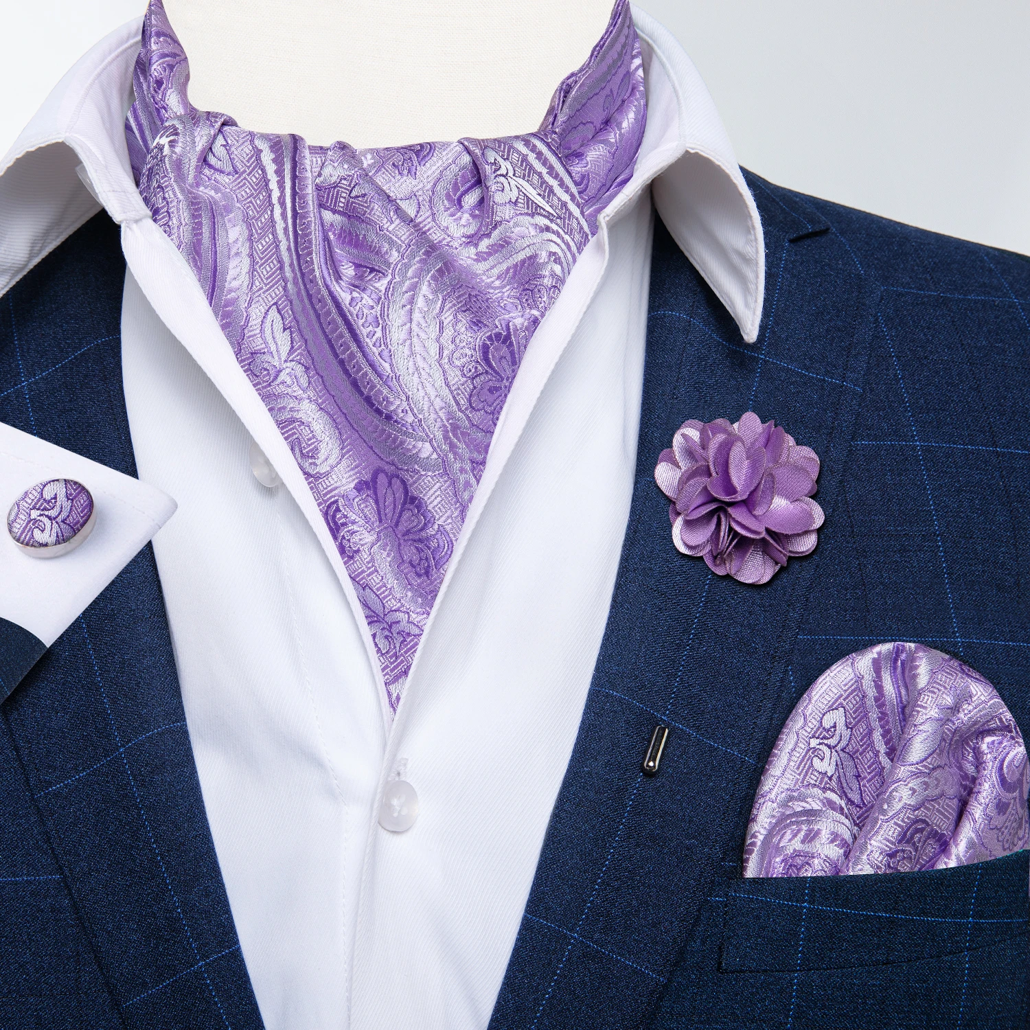 Klassische Hochzeits-Ascot-Krawatte für Herren, Gelb-Gold-Rot, Paisley-Blumenmuster, Schal, Krawatte, Brosche, Set, Ascot-Krawatte für Bankette – Detail 11