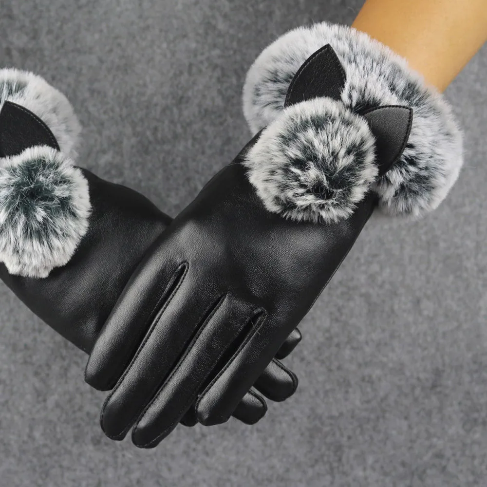 Женские зимние перчатки, модные теплые перчатки из искусственной кожи с имитацией кроличьей шерсти, Вечерние перчатки для вождения, Осень-зима