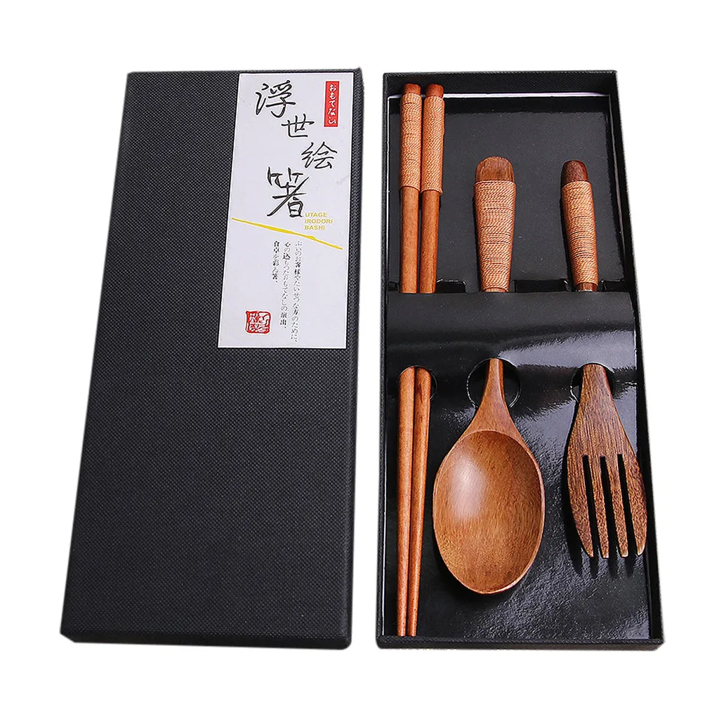 New Japanese Style Vintage Wooden Chopsticks And Spoon Tableware 5pcs Set