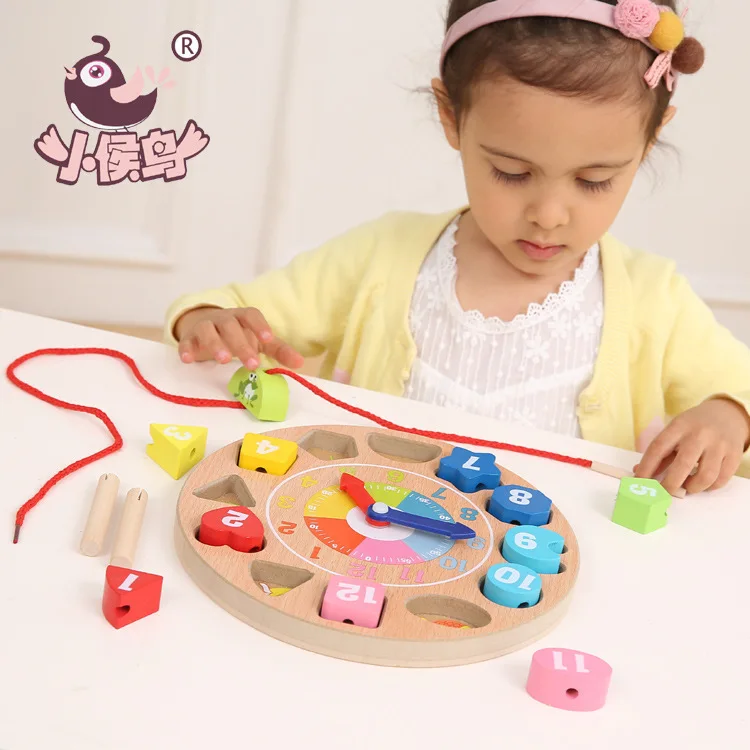 Small Migratory Birds Wooden Color with Numbers Cartoon Threading Clock Geometric Shapes Matching Baby Educational Toy