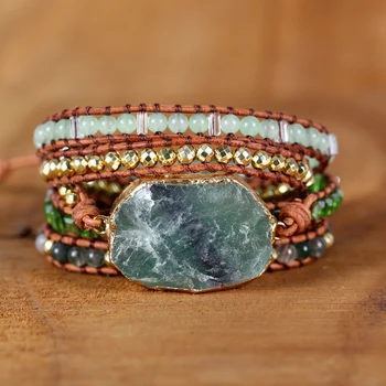 

Natural green Crystal Quartz Charm 5Strands Wrap Bracelets Handmade Boho Bracelet Women Leather Bracelet lovers jewelry gift