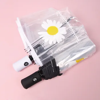 

Korean small daisy fully automatic transparent women rain umbrella three-folding simple trend windproof strong umbrella